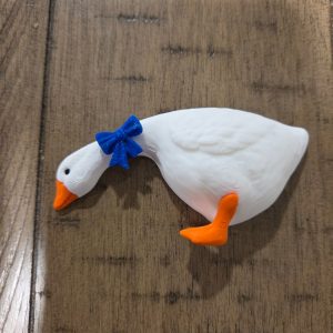 3D Printed White Goose Fridge Magnet Blue Bow 3.5 in