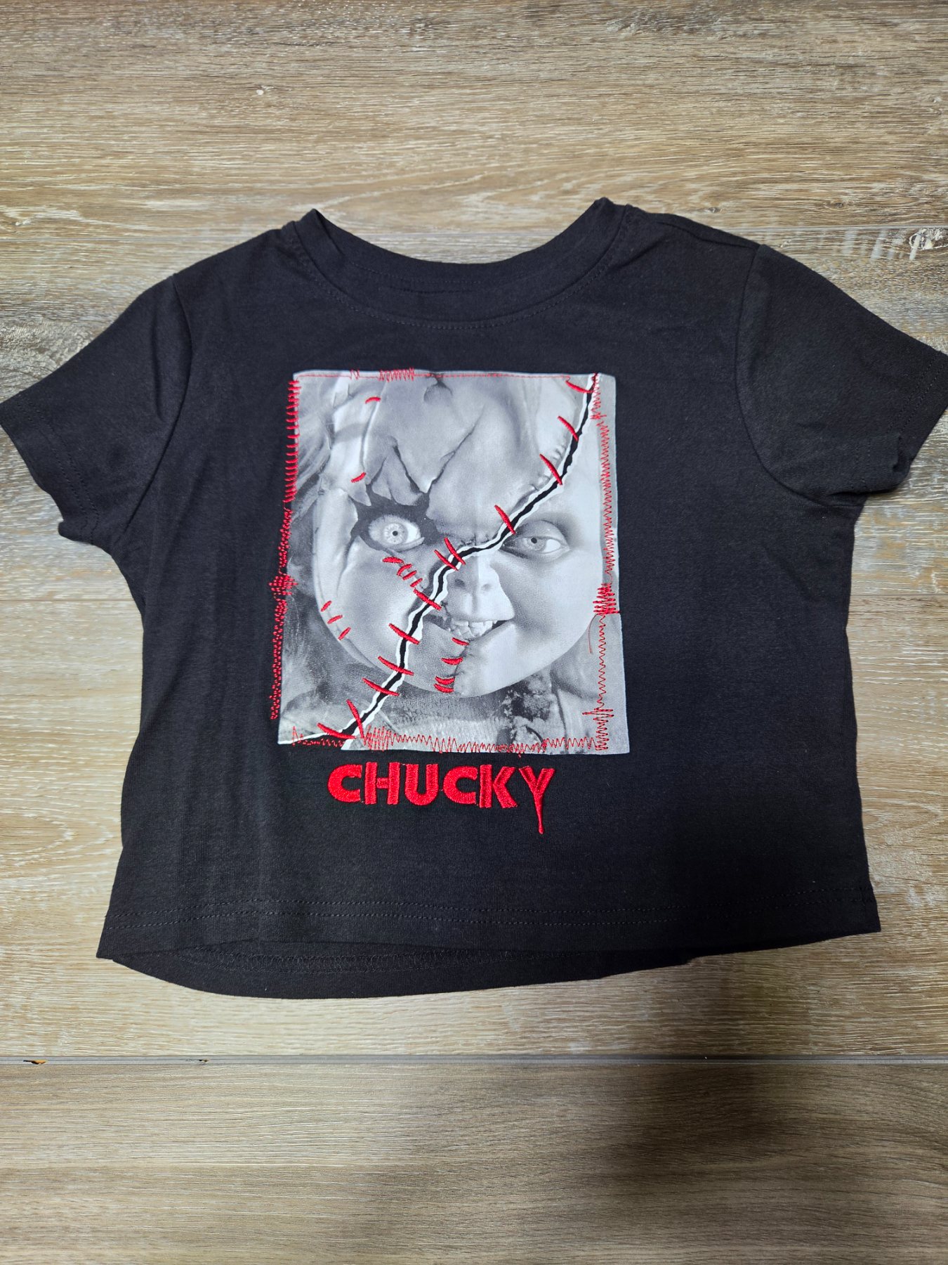 Chucky Graphic Crop T-Shirt Women's M Black Embroidered Horror