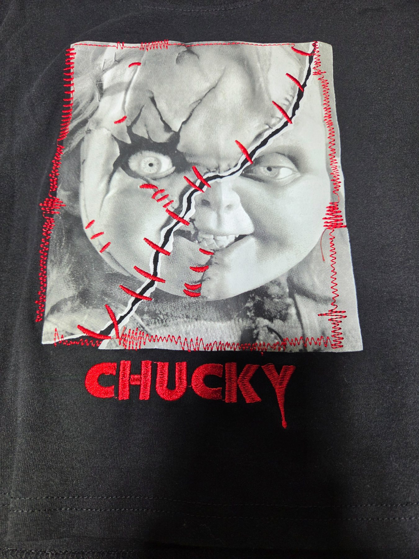 Chucky Graphic Crop T-Shirt Women's M Black Embroidered Horror - Image 2