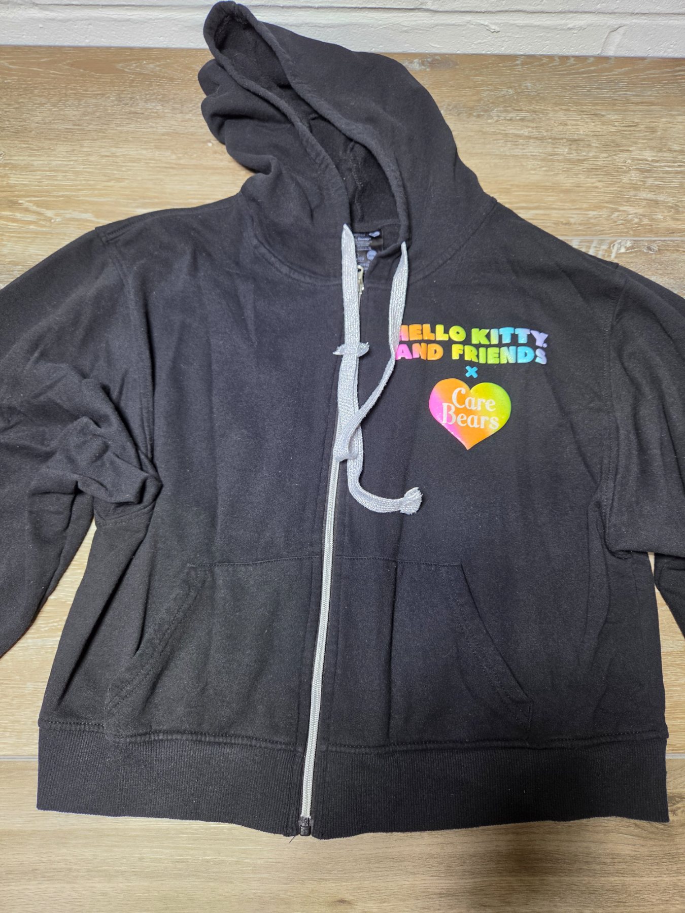 Hello Kitty Care Bears Full Zip Hoodie Girls L 11/13 Black Rainbow