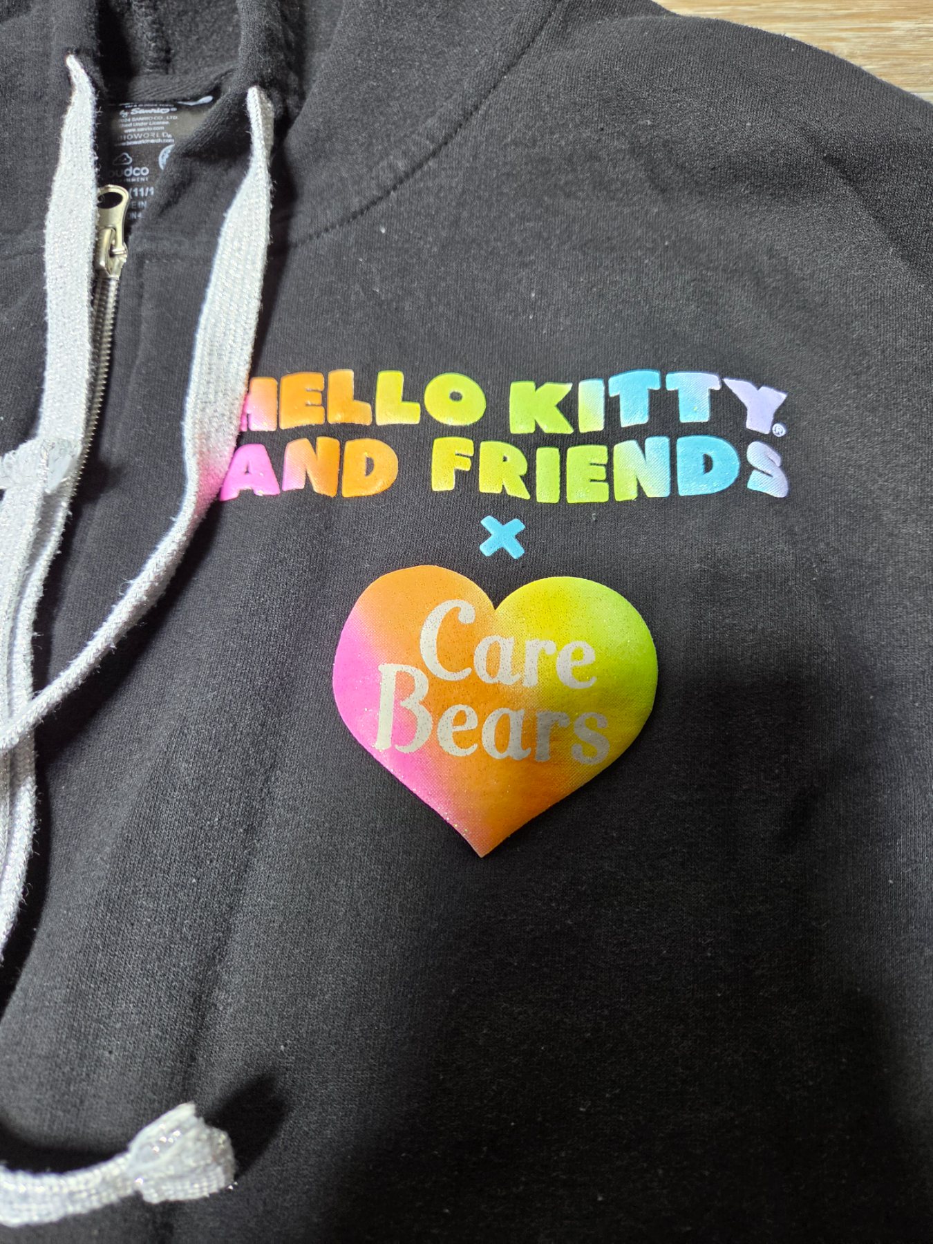 Hello Kitty Care Bears Full Zip Hoodie Girls L 11/13 Black Rainbow - Image 2