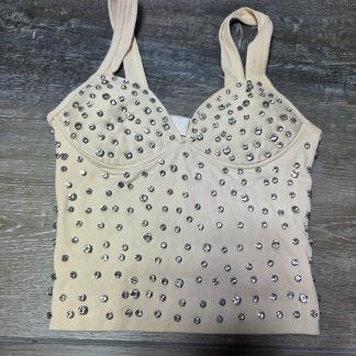 Lizette Collection Rhinestone Built-In Bra Cami Tank Top Women's S Beige