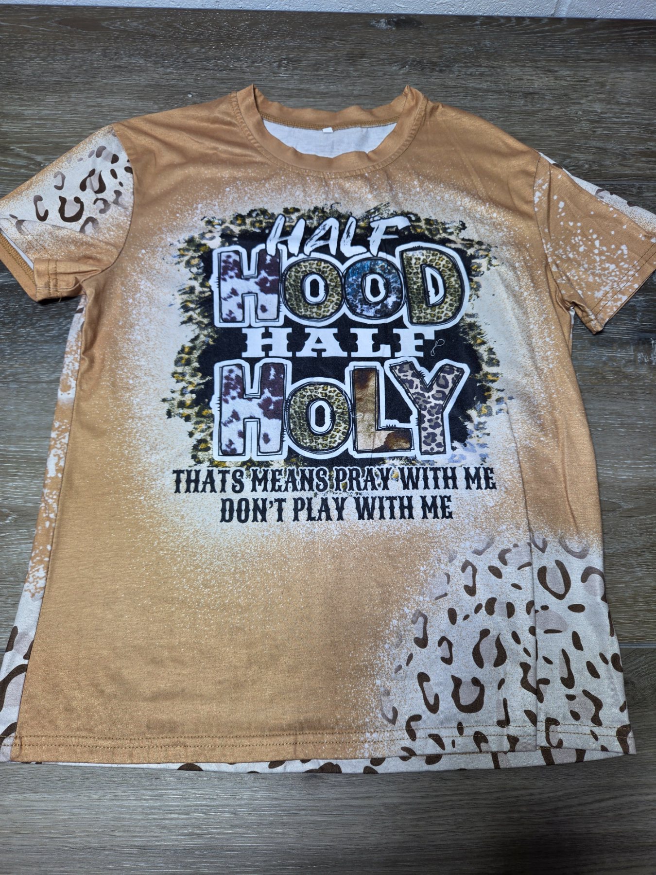 Women's Half Hood Half Holy Graphic T-Shirt M Tan Leopard Print