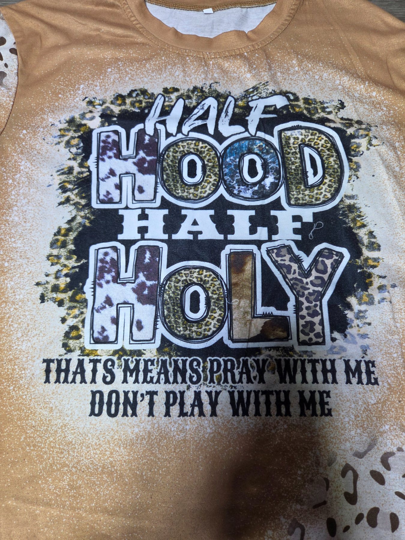 Women's Half Hood Half Holy Graphic T-Shirt M Tan Leopard Print - Image 2
