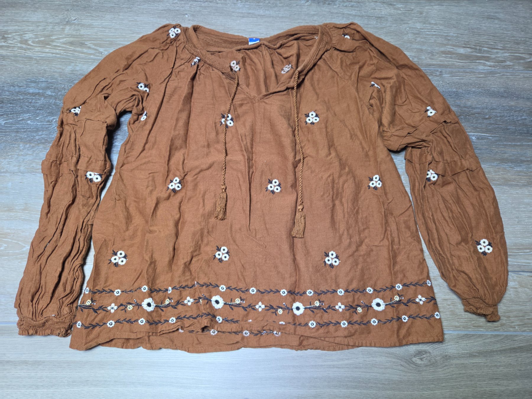 Old Navy Embroidered Peasant Blouse Women's M Brown Long Sleeve Boho