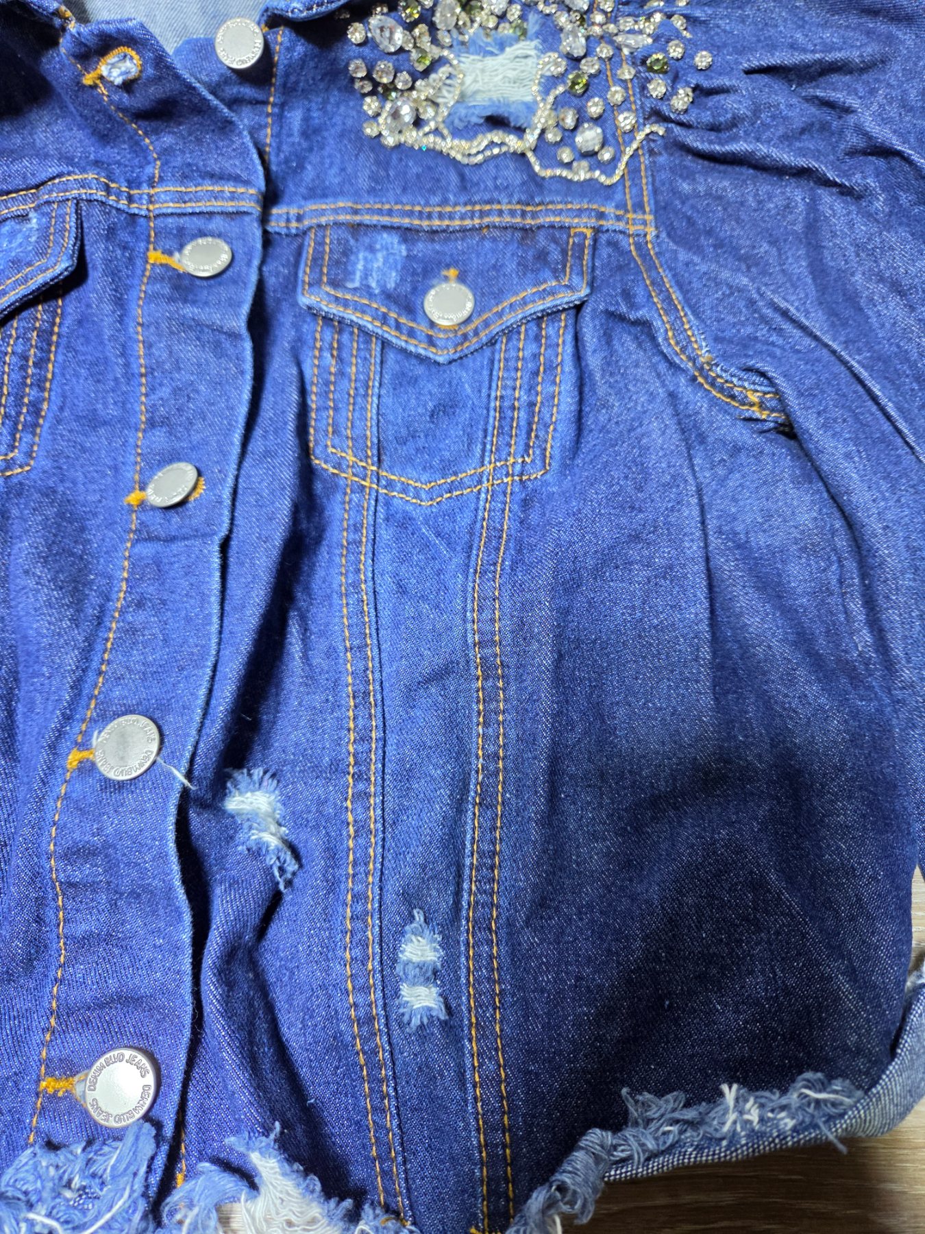 Denim Blvd Rhinestone Distressed Cropped Denim Jacket Women's L Blue