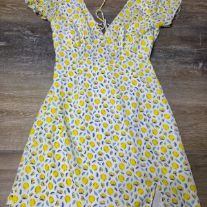 Princess Polly Lemon Print Puff Sleeve Mini Dress Womens US 2 White Yellow