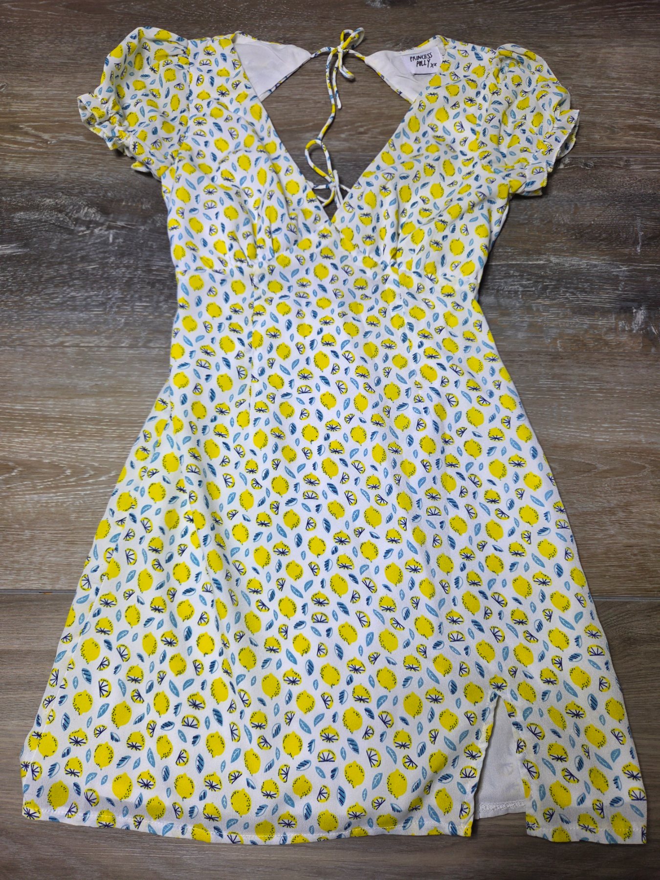 Princess Polly Lemon Print Puff Sleeve Mini Dress Womens US 2 White Yellow