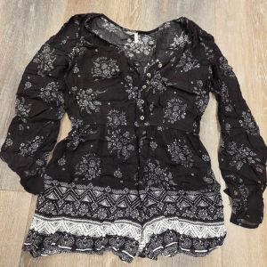 Mudd Floral Long Sleeve Romper Women's M Black White Boho