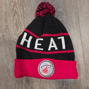 Mitchell & Ness Miami Heat Pom Pom Knit Beanie Hat One Size Black Red