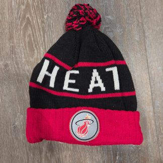 Mitchell & Ness Miami Heat Pom Pom Knit Beanie Hat One Size Black Red
