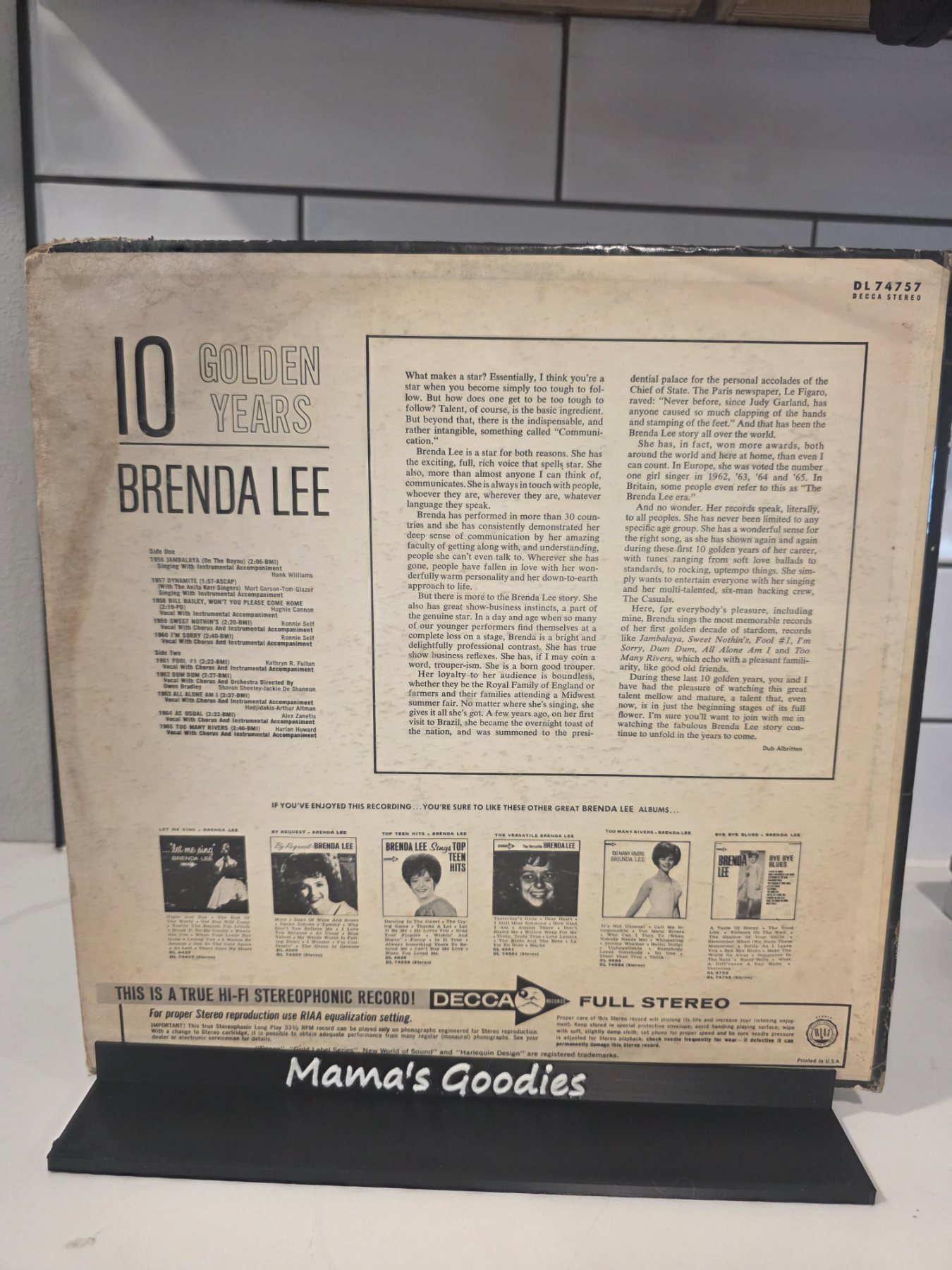 Brenda Lee 10 Golden Years Stereo LP Decca DL 74757 - Image 2