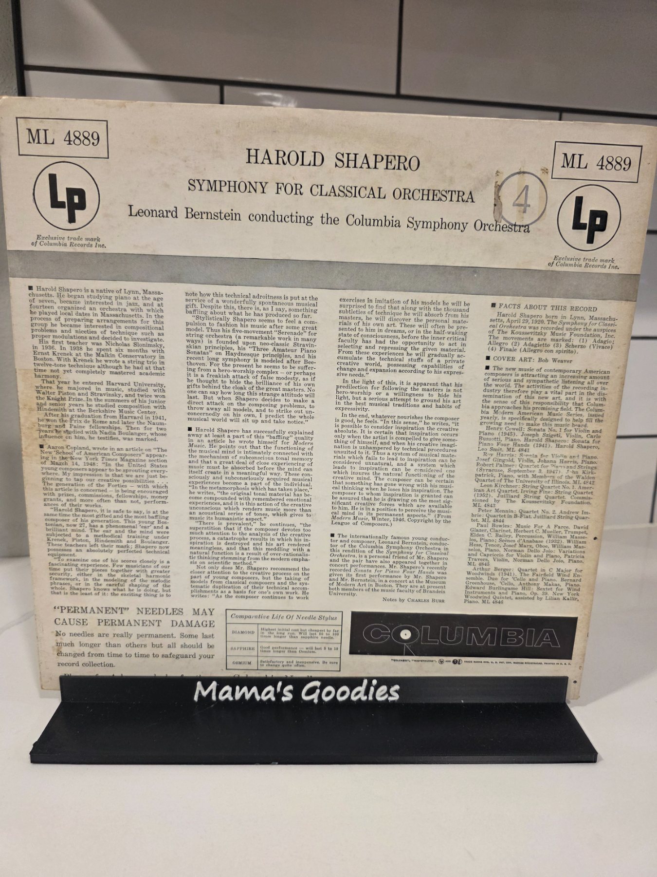 Harold Shapero Symphony for Classical Orchestra Bernstein Columbia ML 4889 LP - Image 2