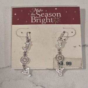 Make the Season Bright JOY Christmas Dangle Clip-On Earrings Silver Tone