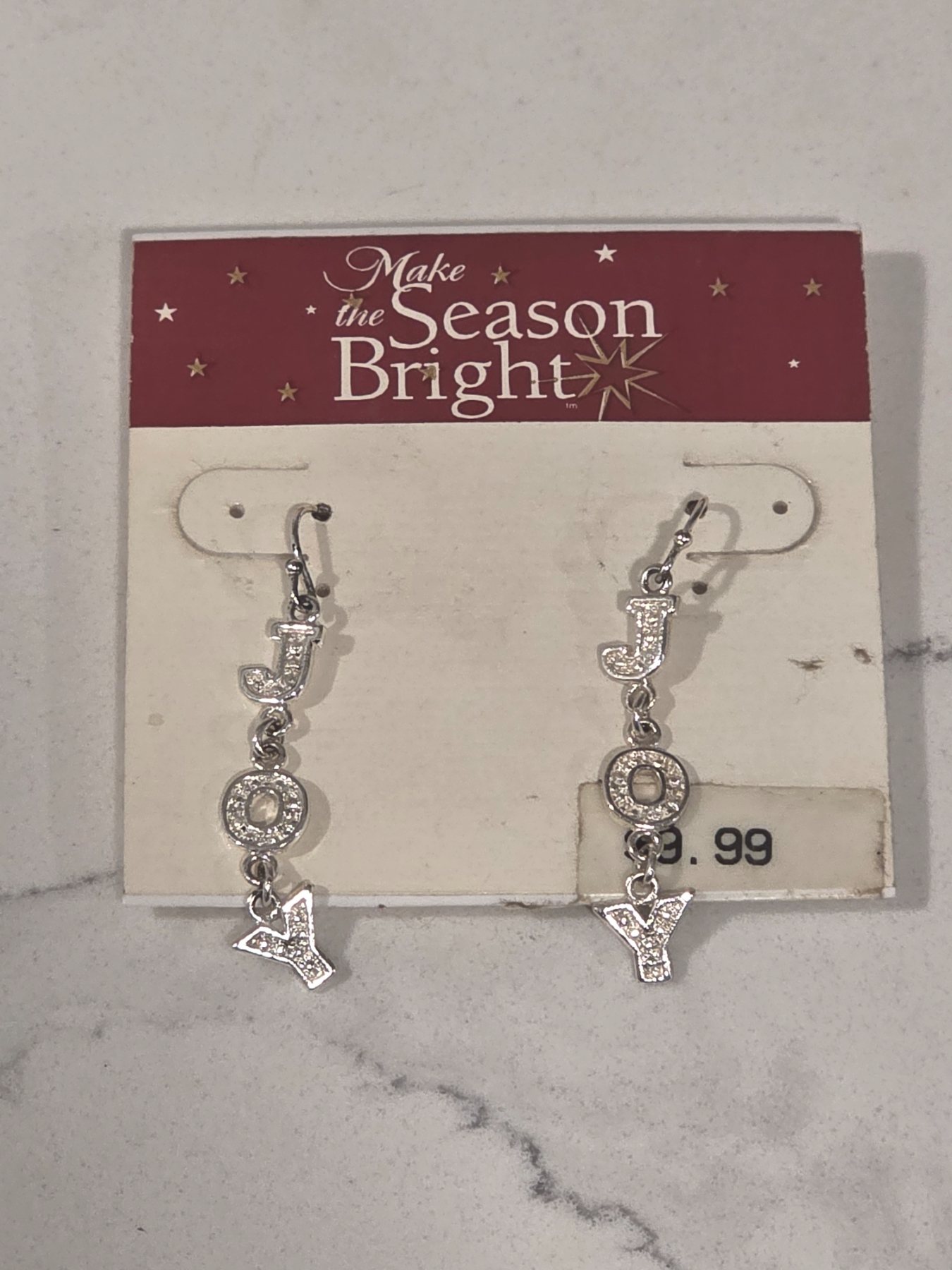 Make the Season Bright JOY Christmas Dangle Clip-On Earrings Silver Tone