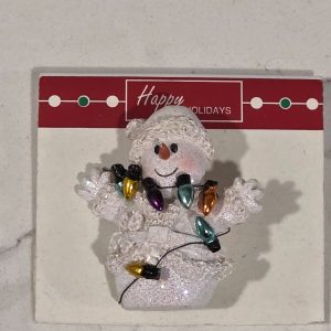 Happy Holidays Glitter Snowman Christmas Lights Brooch Pin on Card
