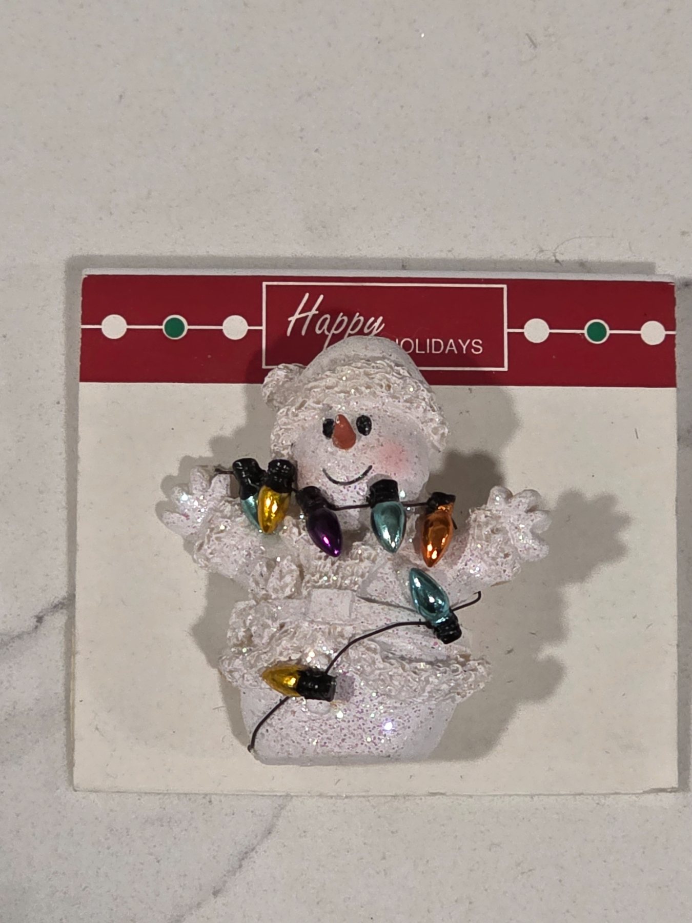 Happy Holidays Glitter Snowman Christmas Lights Brooch Pin on Card