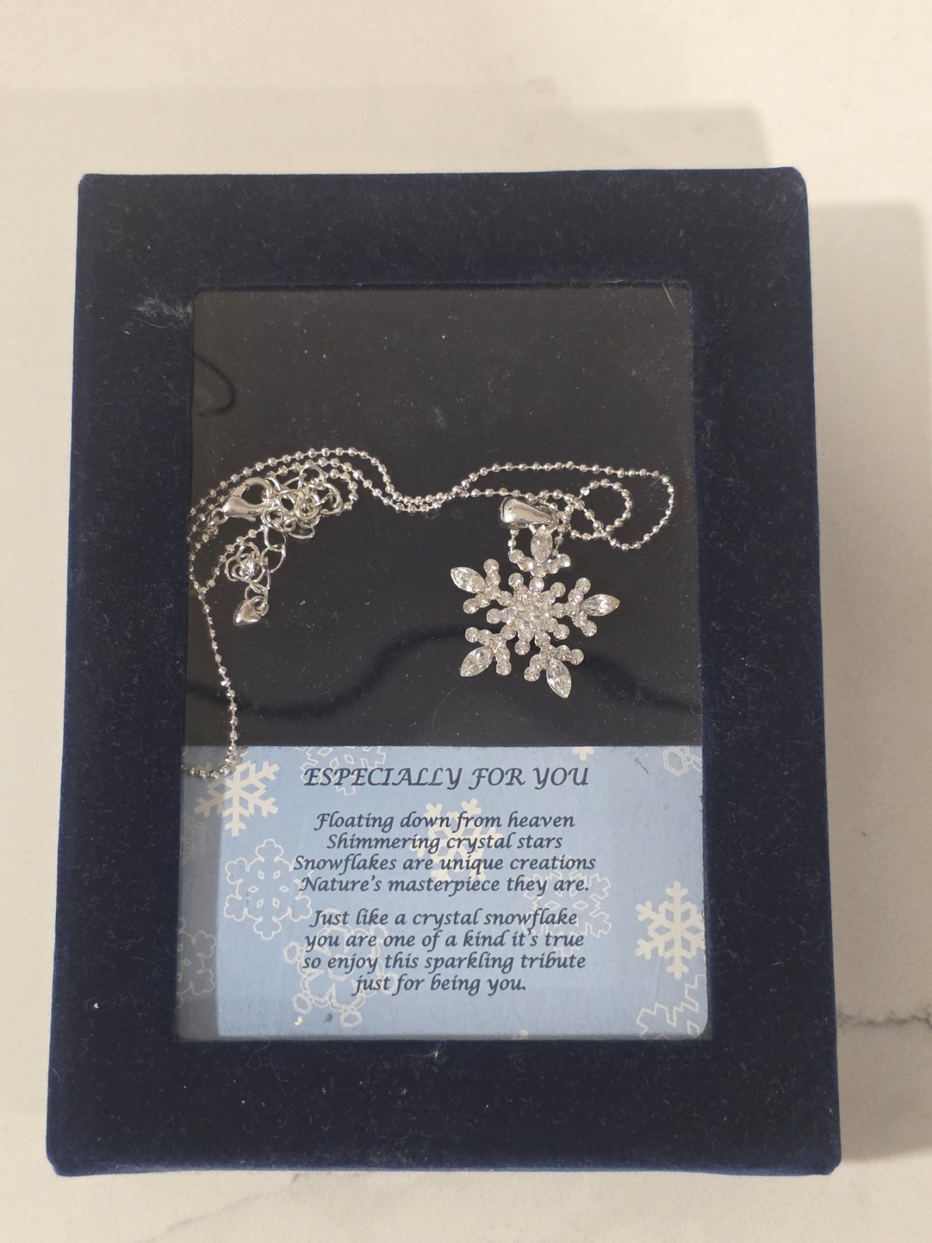 Silver Tone Clear Rhinestone Snowflake Pendant Necklace Gift Boxed
