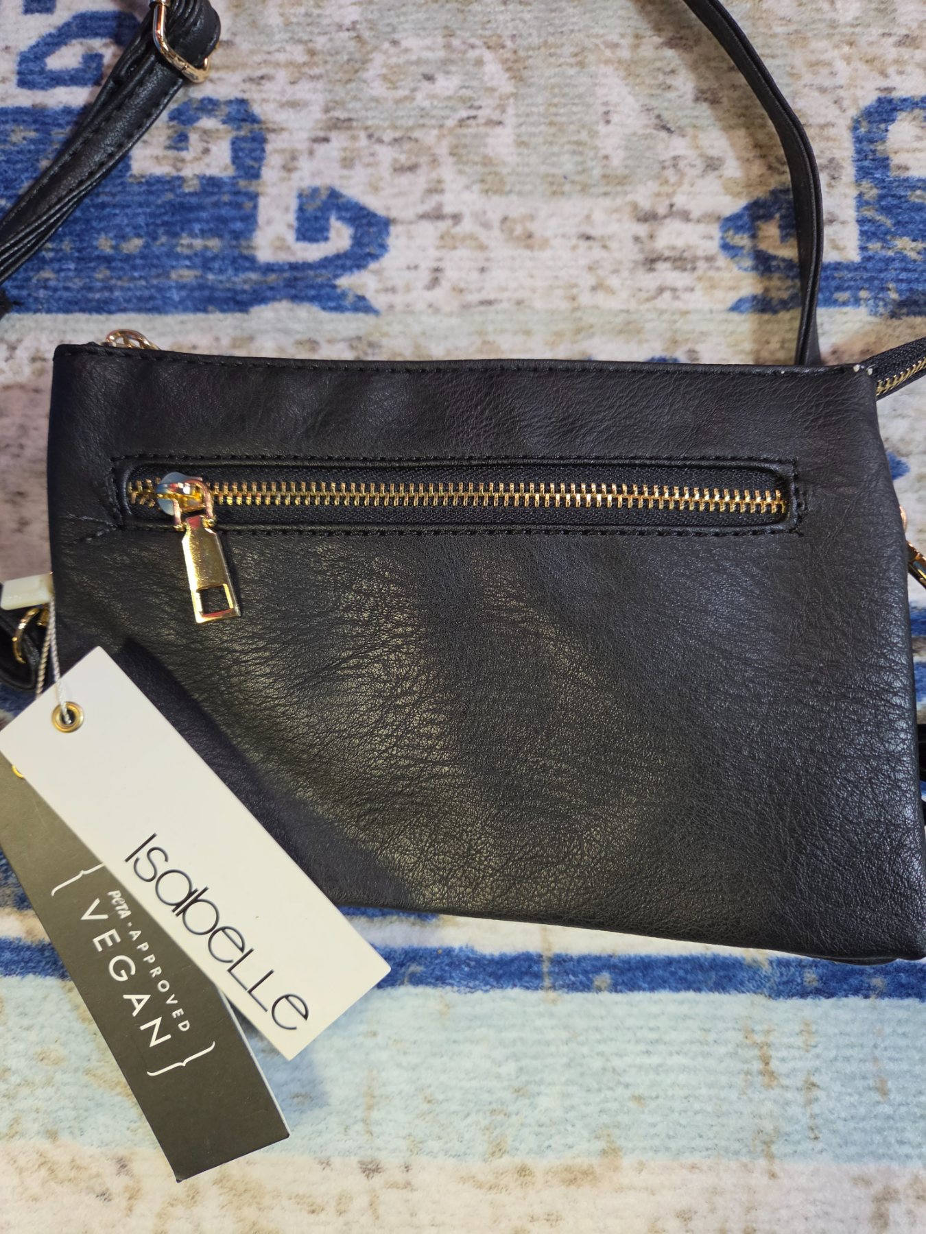 Isabelle Vegan Leather Black Crossbody Bag Gold Tone Adjustable Strap