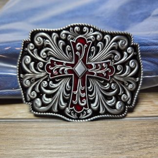 Ornate Red Cross Filigree Silver Tone Western Belt Buckle