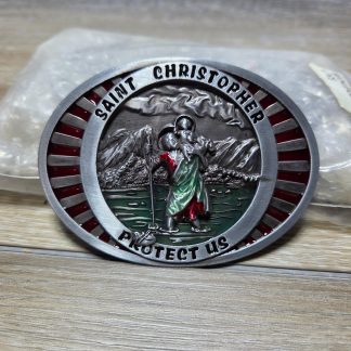 Saint Christopher Protect Us Oval Religious Belt Buckle Red Green