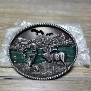 Western Oval Elk Deer Mountain Green Metal Belt Buckle