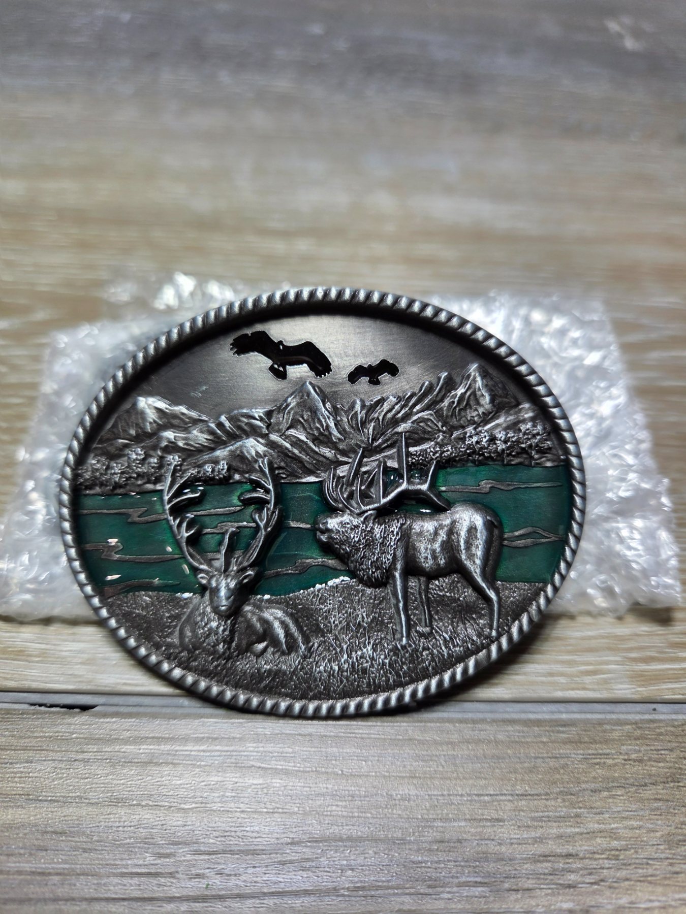 Western Oval Elk Deer Mountain Green Metal Belt Buckle