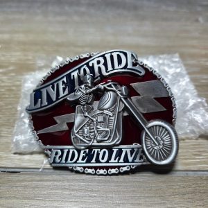 Live to Ride Ride to Live Skeleton Motorcycle Belt Buckle Red Silver