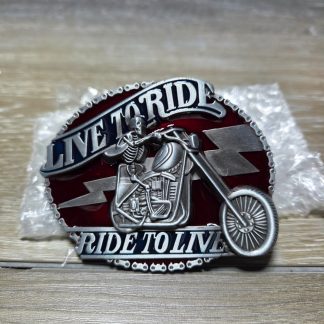 Live to Ride Ride to Live Skeleton Motorcycle Belt Buckle Red Silver