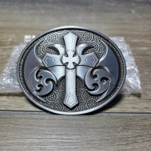 Ornate Celtic Cross Oval Belt Buckle Silver Tone