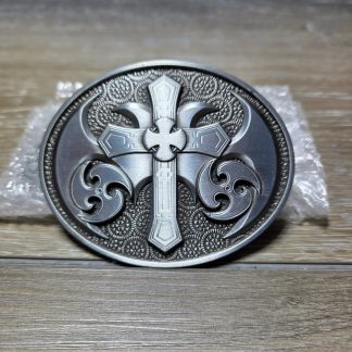 Ornate Celtic Cross Oval Belt Buckle Silver Tone