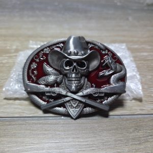 Western Cowboy Skull Crossed Rifles Snake Red Belt Buckle