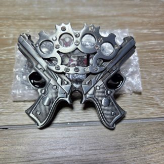 Rhinestone Crossed Revolver Pistol Western Metal Belt Buckle Silver
