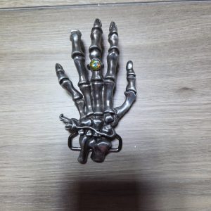 Skeleton Hand Belt Buckle with Iridescent Rhinestone Ring Gothic Biker