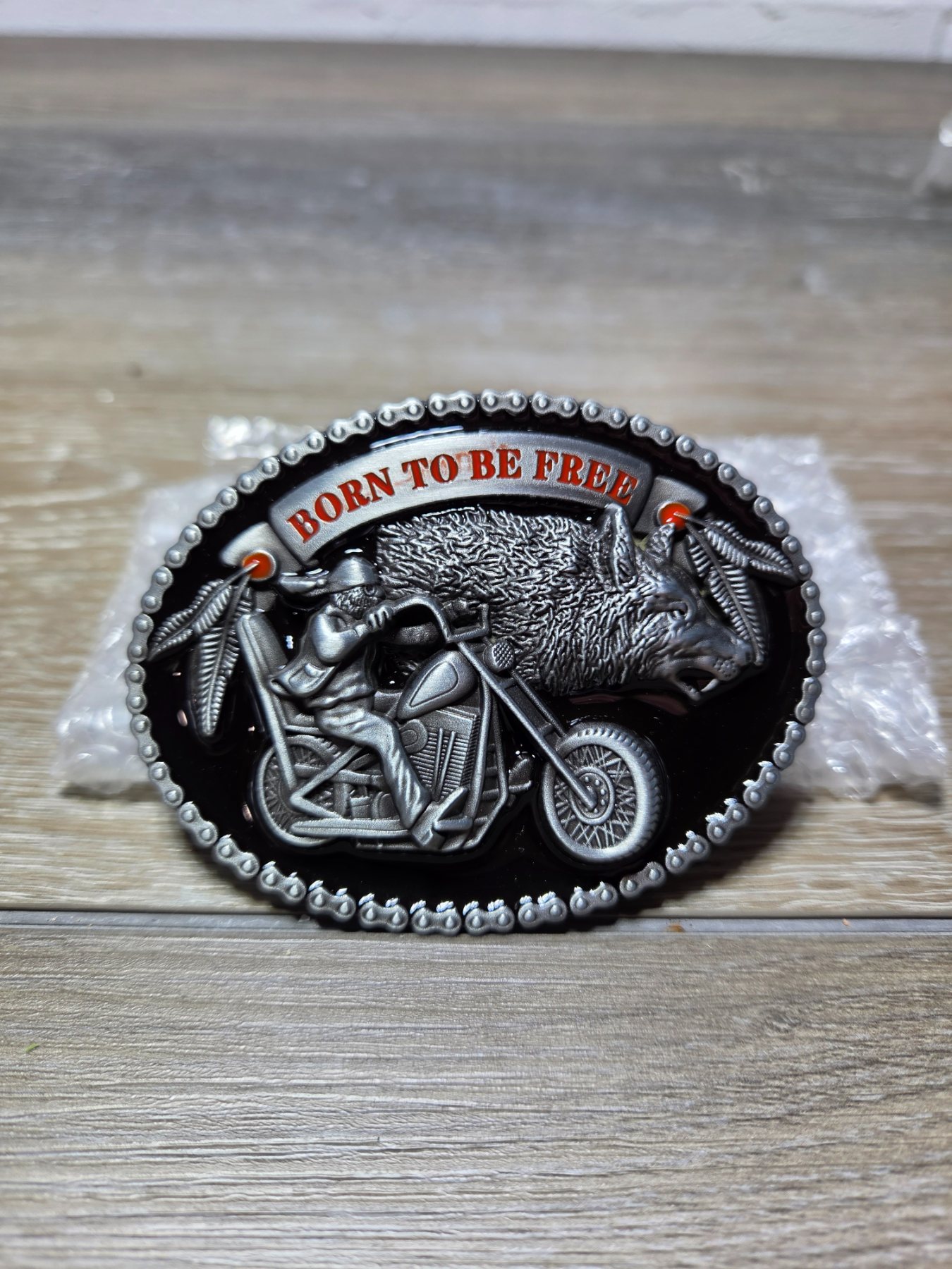 Born to Be Free Motorcycle Wolf Biker Metal Belt Buckle Black Silver