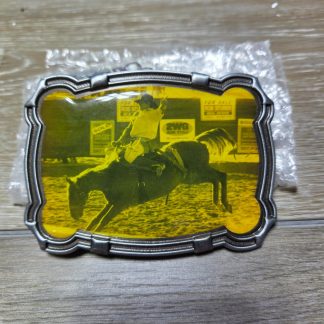Western Rodeo Bull Rider Yellow Photo Belt Buckle Silver Tone
