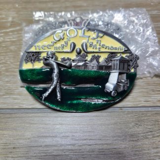 Golf Green & Yellow 3D Oval Belt Buckle Golfer Golf Cart