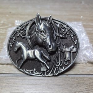 Western Horse Head & Saddle Oval Belt Buckle Antiqued Silver Tone