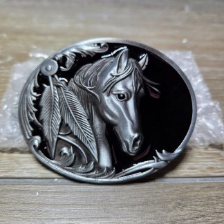 Western Horse Head Feather Oval Metal Belt Buckle Silver Black