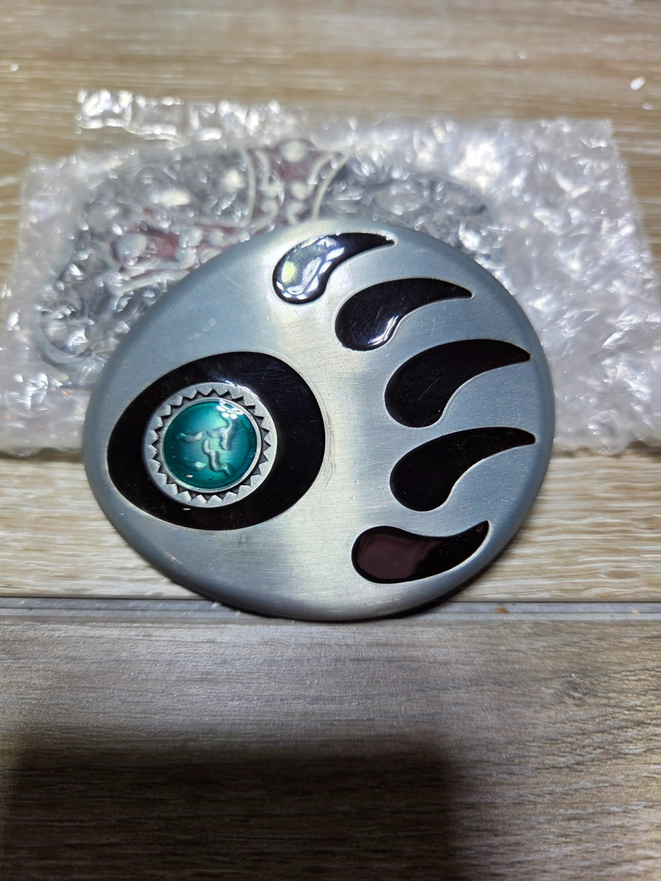 Southwestern Bear Paw Belt Buckle Turquoise Color Stone Silver Tone