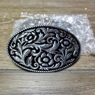 Western Oval Belt Buckle Black Silver Tone Floral Scrollwork