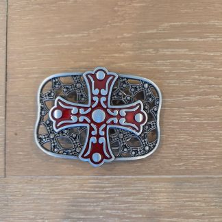 Red Enamel Celtic Cross Filigree Silver Tone Belt Buckle