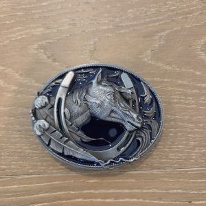 Western Horse Head Horseshoe Blue Enamel Oval Belt Buckle
