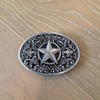Western Texas Star Oval Belt Buckle Silver Tone Black Scrollwork