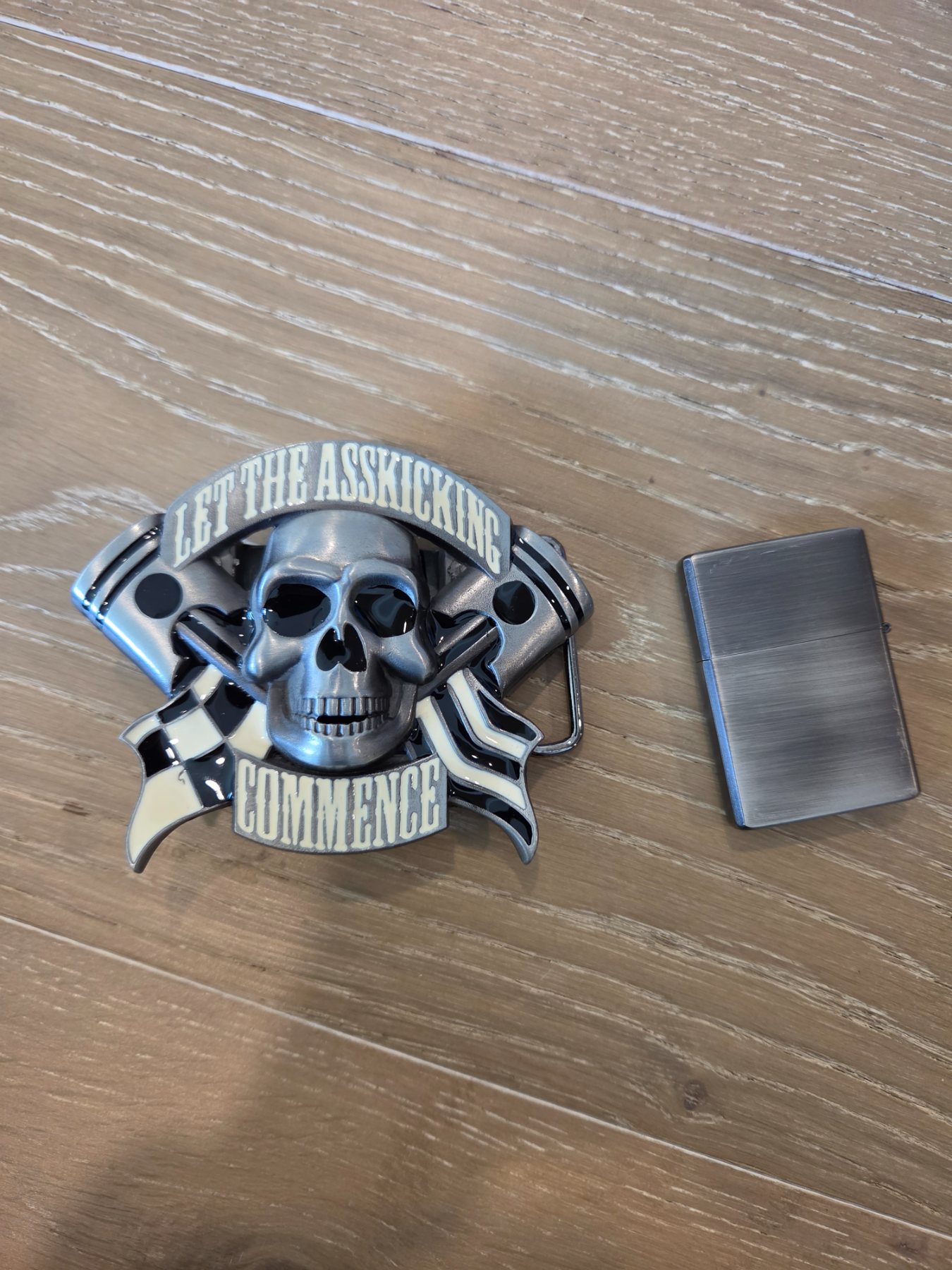 Skull Let the Asskicking Commence Belt Buckle with Refillable Lighter - Image 3