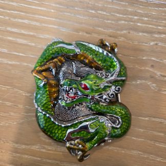 Green Enamel 3D Chinese Dragon Belt Buckle Red Eye Silver Tone