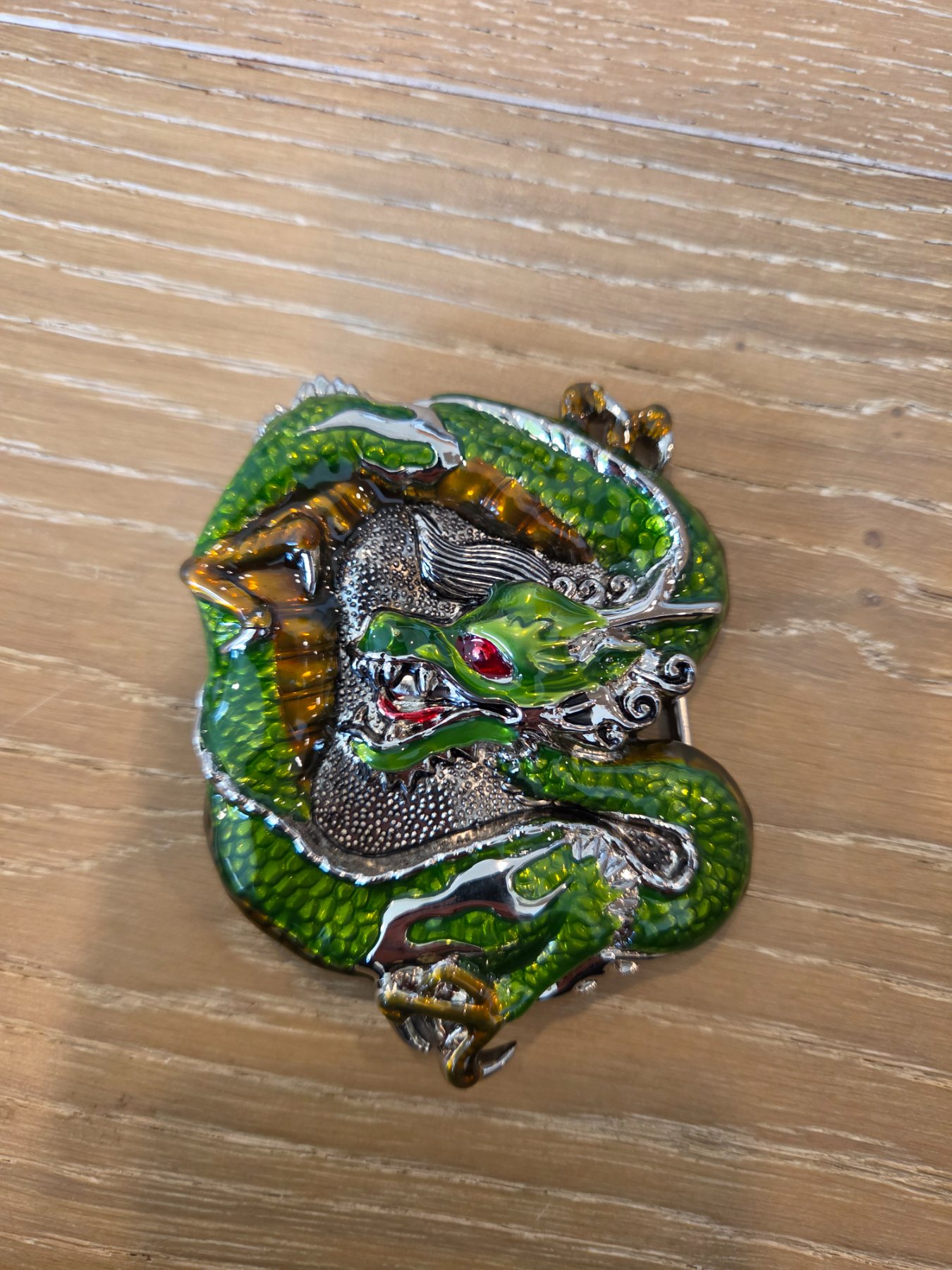 Green Enamel 3D Chinese Dragon Belt Buckle Red Eye Silver Tone