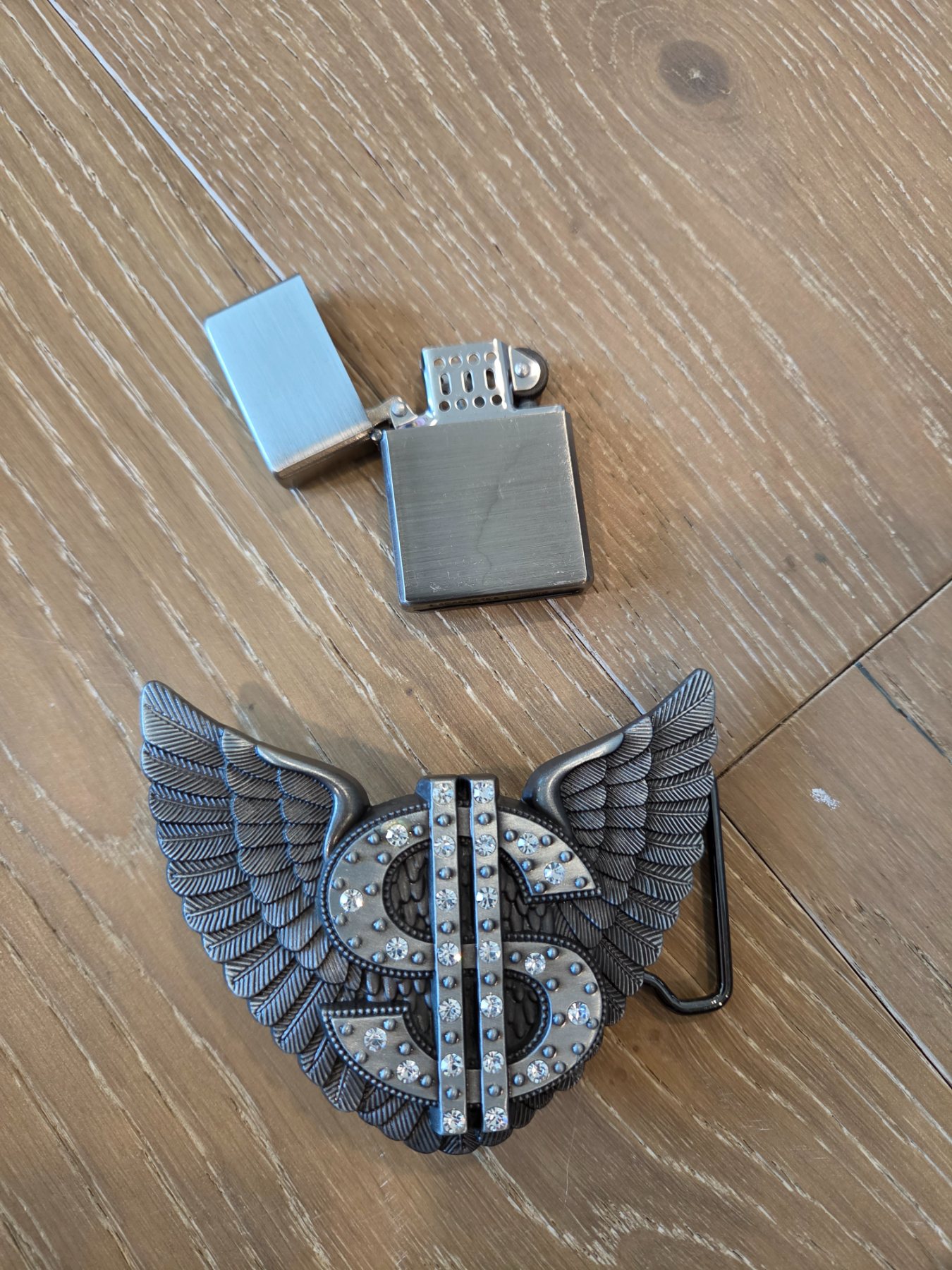 Winged Dollar Sign Rhinestone Belt Buckle with Flip Top Lighter - Image 4