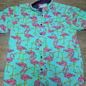Eighth Avenue Flamingo Print Button-Up Shirt Men's L Teal Short Sleeve