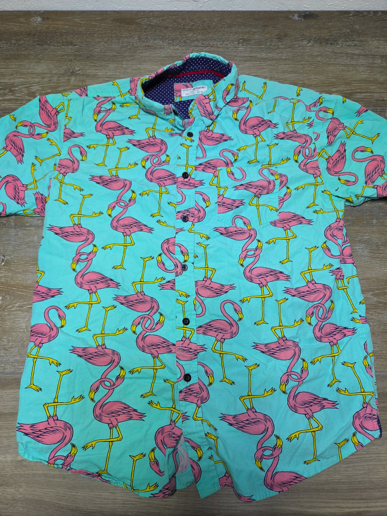 Eighth Avenue Flamingo Print Button-Up Shirt Men's L Teal Short Sleeve